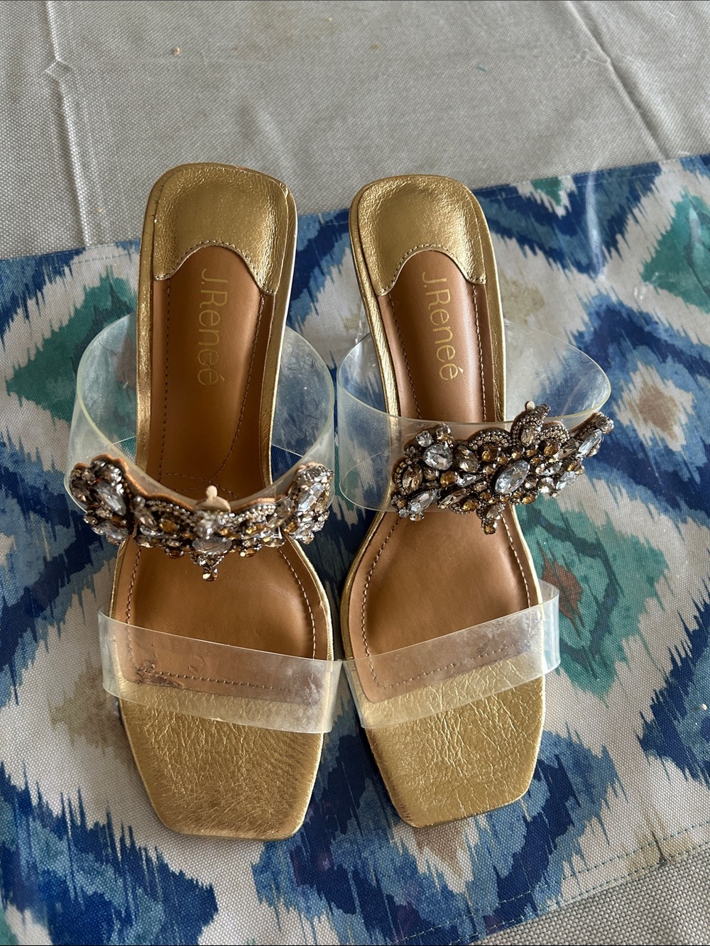 J.Renee Gold Jeweled Clear-Strap Slide Mules
